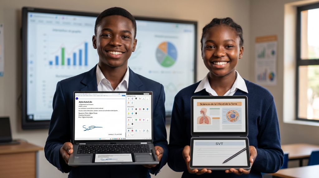 Deux élèves en uniforme scolaire présentant les terminaux ZEP-X — garçon tenant un laptop PC·1 avec signature électronique KA SOFT, fille tenant une tablette PC·4 dual-screen affichant un cours SVT (Sciences de la Vie et de la Terre) avec cahier e-ink et stylet, tableau interactif RETICE en arrière-plan