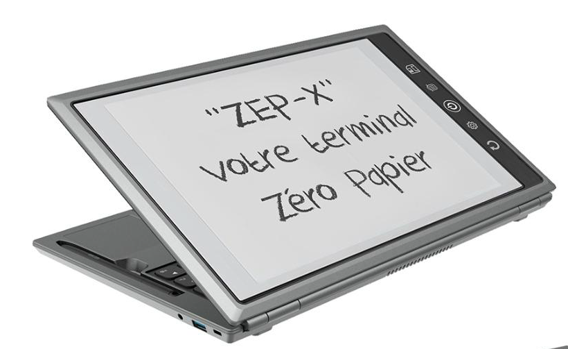 ZEP-X PC·2 — PC 3 écrans, vue du couvercle : grand écran e-ink affichant en écriture manuscrite "ZEP-X — votre terminal Zéro Papier", chassis aluminium argent, port USB-C visible, icônes de contrôle sur le bord droit (sauvegarde, clavier, alimentation, réglages, rotation)