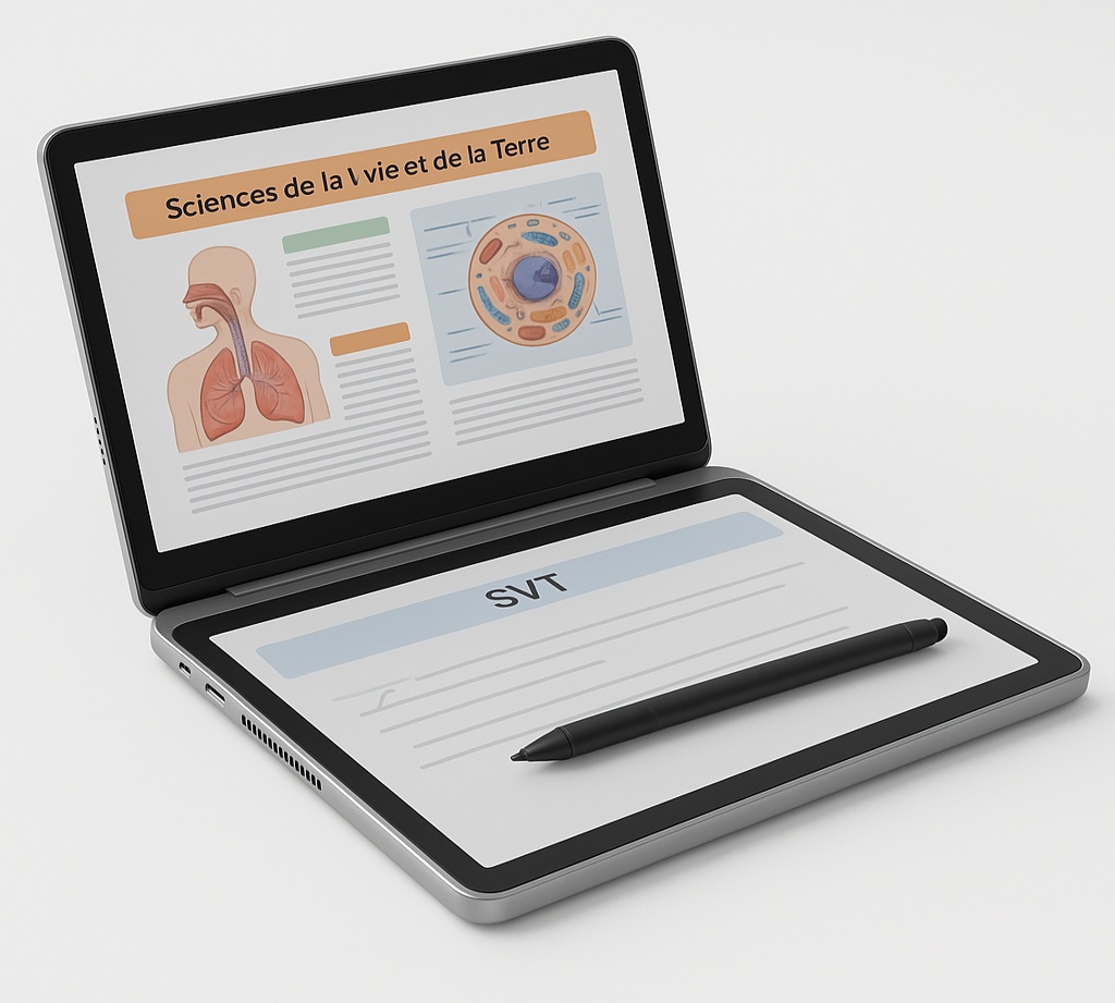 ZEP-X PC·4 — Laptop dual-screen pédagogique : écran supérieur couleur HD affichant un cours "Sciences de la Vie et de la Terre" avec schéma système respiratoire et coupe cellulaire annotée, plateau inférieur e-ink affichant "SVT" en en-tête sur cahier ligné bleu, stylet noir posé sur le plateau prêt à prendre des notes