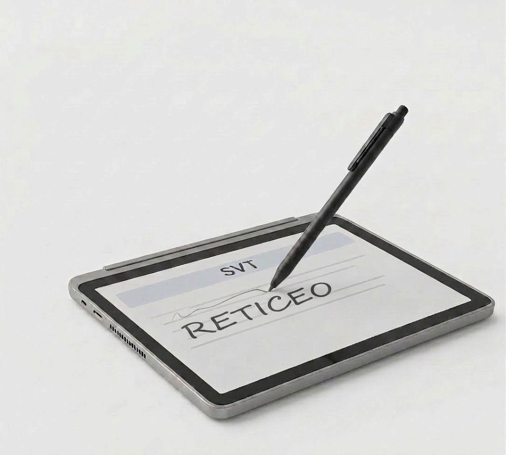 ZEP-X Tab·5 — Tablette e-paper argent en vue perspective 3/4, stylet noir incliné en train d'écrire "RETICEO" en majuscules sur un cahier numérique SVT à lignes bleues, châssis ultra-slim avec grille de ventilation et ports USB-C latéraux