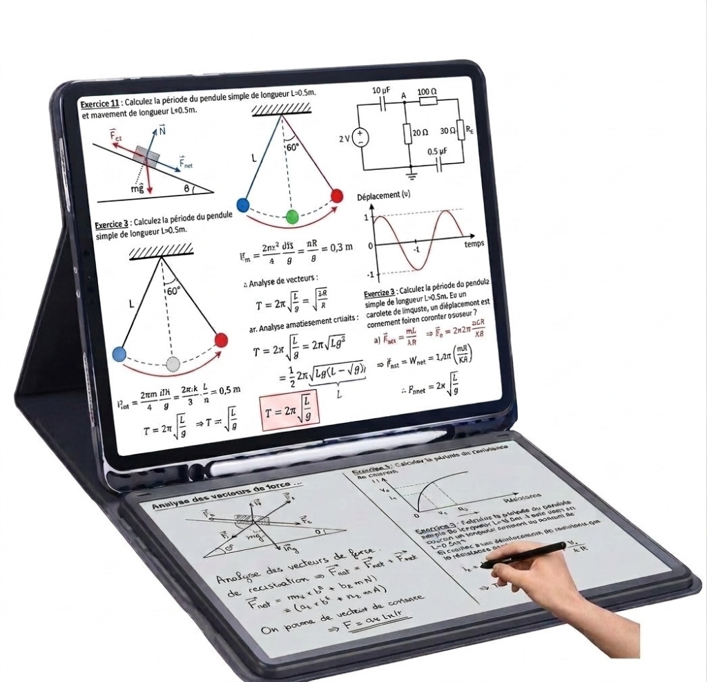 ZEP-X Tab·6 — Folio cuir noir grand format ouvert à plat : écran supérieur couleur HD grand format affichant des exercices de physique (pendule simple, circuits électriques RLC, déplacement sinusoïdal, formules T=2π√L/g) avec schémas annotés en couleur, écran inférieur e-ink affichant 'Analyse des vecteurs de force' avec formules vectorielles manuscrites, main droite tenant le stylet en train d'écrire dans la zone basse